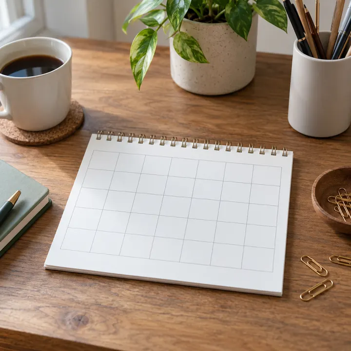 Calendario en blanco sobre un escritorio con café y clips