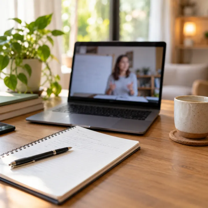 Notebook con una clase en video junto a un cuaderno de apuntes