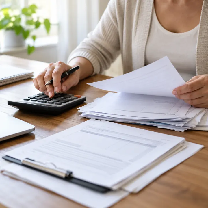 Contadora revisando papeles con calculadora